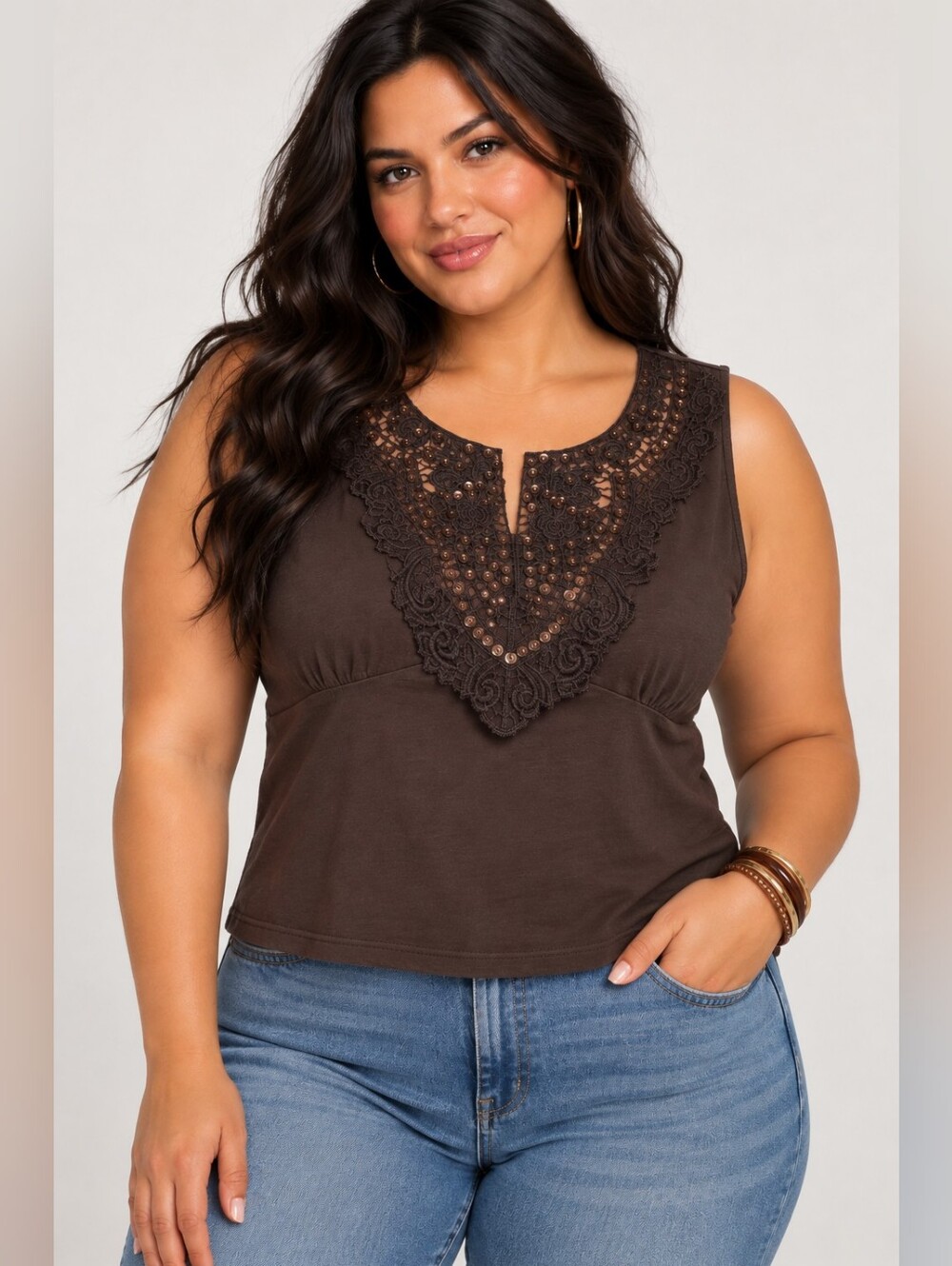 Y2k Sleeveless Embellished Silk Blend Chocolate Brown Top, Romantic Boho Western